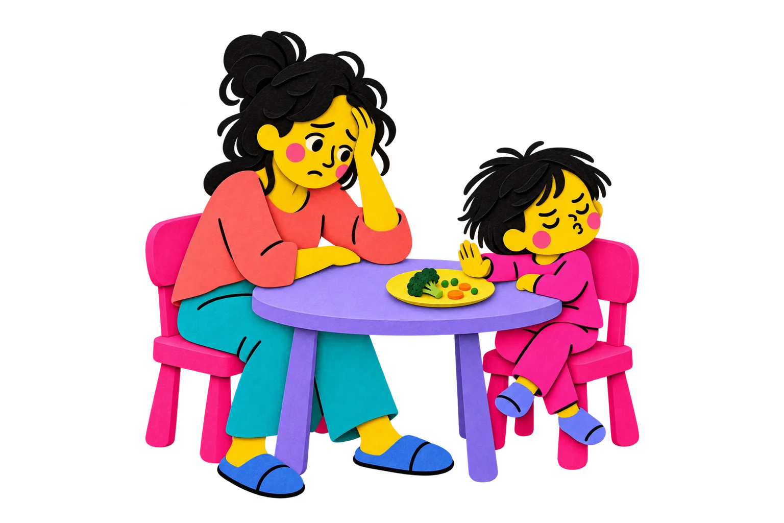 À table, une maman fatiguée regarde son enfant repousser les légumes de son assiette.