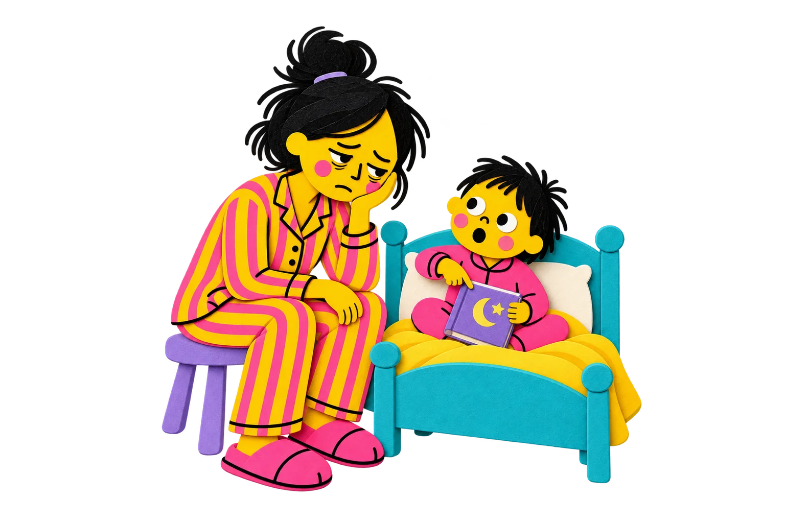 Une maman épuisée attend près du lit de son enfant, qui réclame encore une histoire.