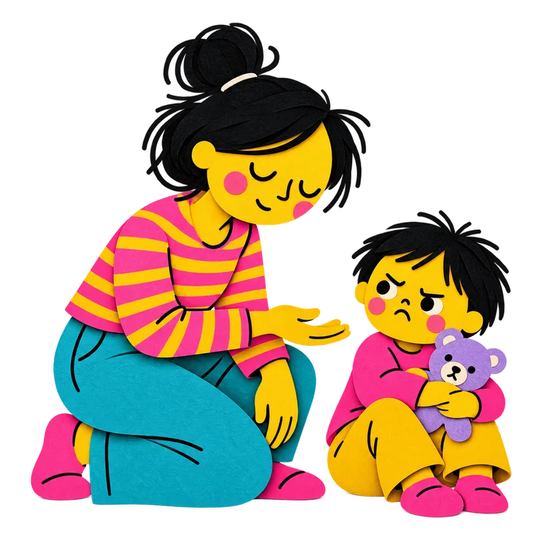 Une mère se met à la hauteur de son enfant contrarié pour lui offrir son soutien.