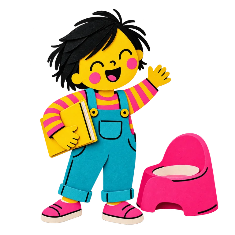 Un enfant habillé découvre un petit pot rose avec son livre.