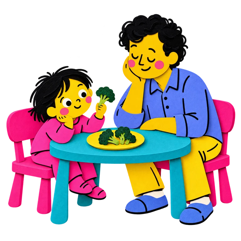 Un père accompagne son enfant qui découvre un brocoli à table.