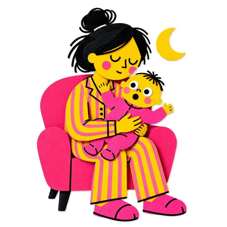 Une mère en pyjama tient son bébé éveillé dans ses bras, dans un fauteuil rose.
